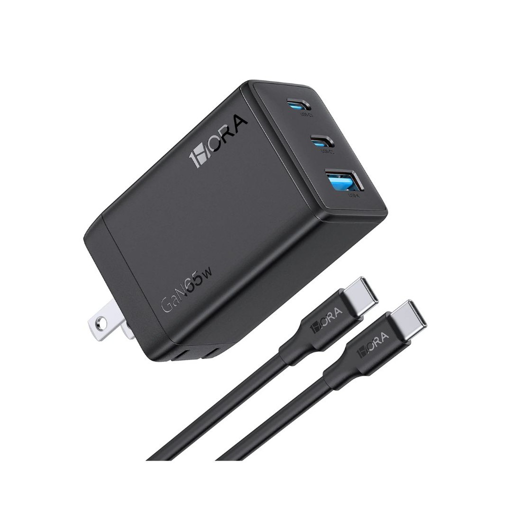 CARGADOR RÁPIDO + CABLE 1HORA GaN 65W USB-A USB-C